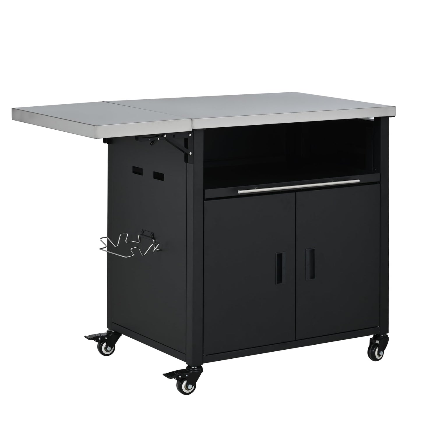 Merax Foldable Outdoor Kitchen Island & BBQ Prep Cart with Stainless Steel Top &Trash Rack & Lockable Wheels & Storage Cabinets – Portable Patio Dining Station for Grilling & Backyard & Camping, Black