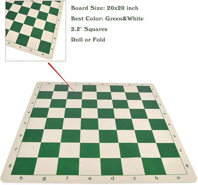 4 King Tournament Chess Set Foldable 20 Silicone Chess Board Mat with 2.2 Squares Green Color Weighted Chess Pieces- 2 Extra Queens Carrying Case for Storage and Travel