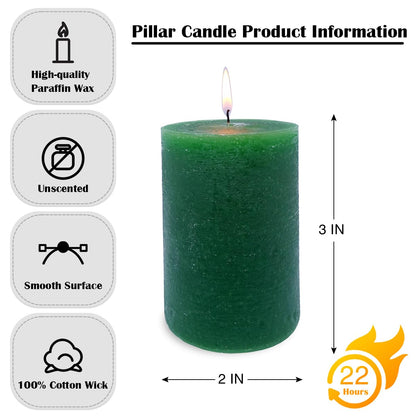 MISSYO 12 Pack 2x3 Inch Green Rustic Pillar Candles, 24 Hours Unscented Column Candles, Dripless and Smokeless Candles for Christmas Home Decor, Wedding, Spell, Parties and Emergency