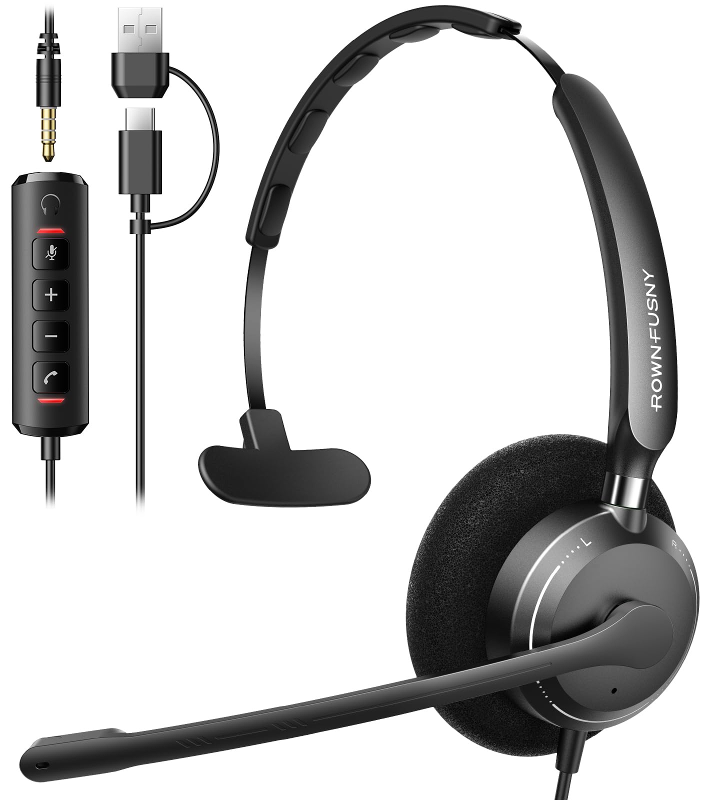 Rownfusny USB Headset with Microphone for PC, Computer Headset with Microphone Noise Canceling Mic for Laptop Call Center Wired Headset with Mic for Work Zoom Skype Teams from Office Home (Black)
