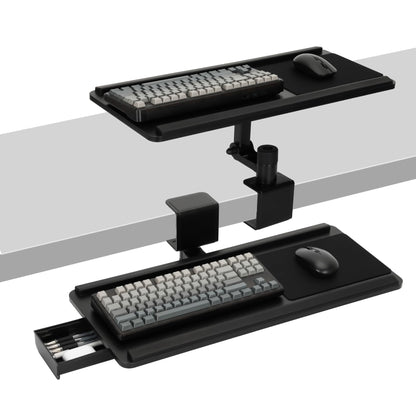 Upgraded Adjustable Keyboard Tray with Drawer for Above Desk & Under Desk Use, 25"×10.6" Ergonomic 360° Rotating Keyboard Stand with Wrist Rest, Clamp On Keyboard Platform for Office Gaming Studying