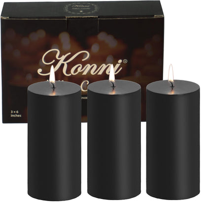 KONNI Black Pillar Candles Set of 3, 3"x 6" Unscented Pillar Candles Bulk, 56 Hours Long Burning Candles, Smokeless&Dripless Large Round Candle for Wedding, Home Decoration, Parties, Spas, Dinner