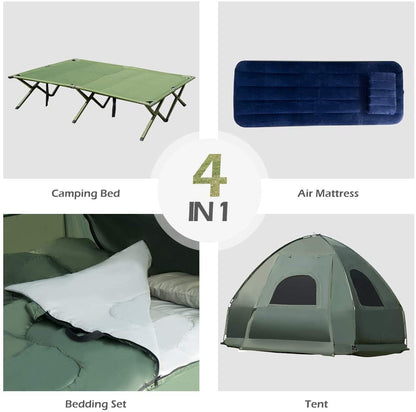 Moccha Folding Camping Tent Cot with Sleeping Bag and Air Mattress, Elevated Camping Tent with Carry Bag for Outdoor Activity, Hiking, Picnic (1-Person)