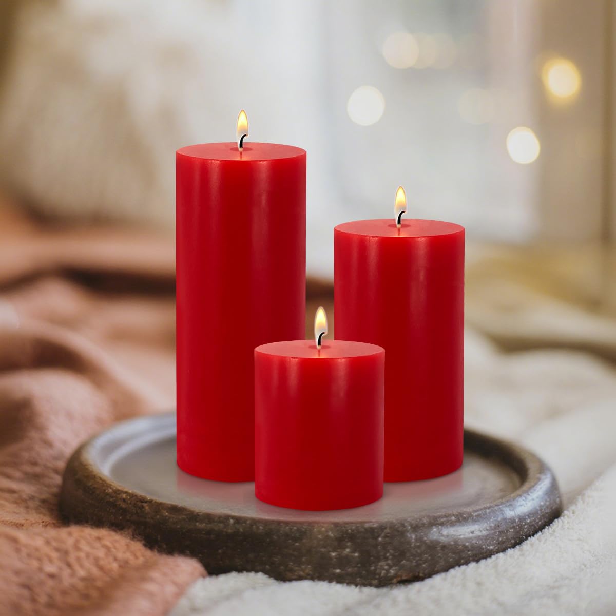 Red Pillar Candles - Unscented Pillar Candles Set of 3 - Dripless, Smokeless for All Occasions (3” W x 3”, 4”, and 6” H), Enjoy Over 150 Hours of Total Burn Time