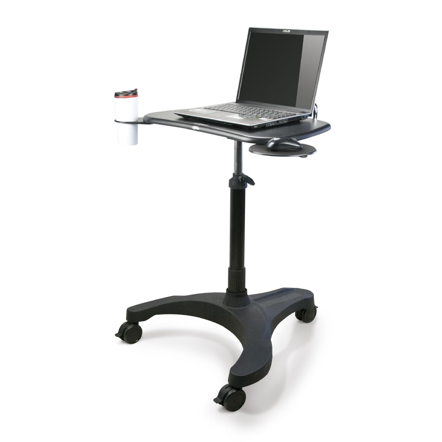 EHO Mobile Laptop Desk Cart with Wheels, Height Adjustable Standing Desk with Pneumatic Lift, Rolling Workstation with Mouse Tray and Cup Holder, Portable Table for Home Office or Classroom