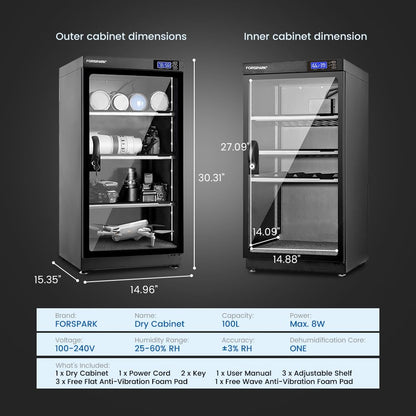 FORSPARK 100L Large Camera Dehumidifier Dry Cabinet, Quiet Humidity Control Storage with Lock & 3 Adjustable Shelves for DSLR, Lenses, Drones, Electronics - 8W Energy Efficient, Black