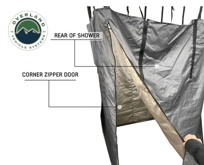 Overland Vehicle Systems HD Nomadic Car Side Shower Room with Black 1000G PVC Travel Cover, Universal L - Brackets, Dark Grey Body with Silver Inner Lining