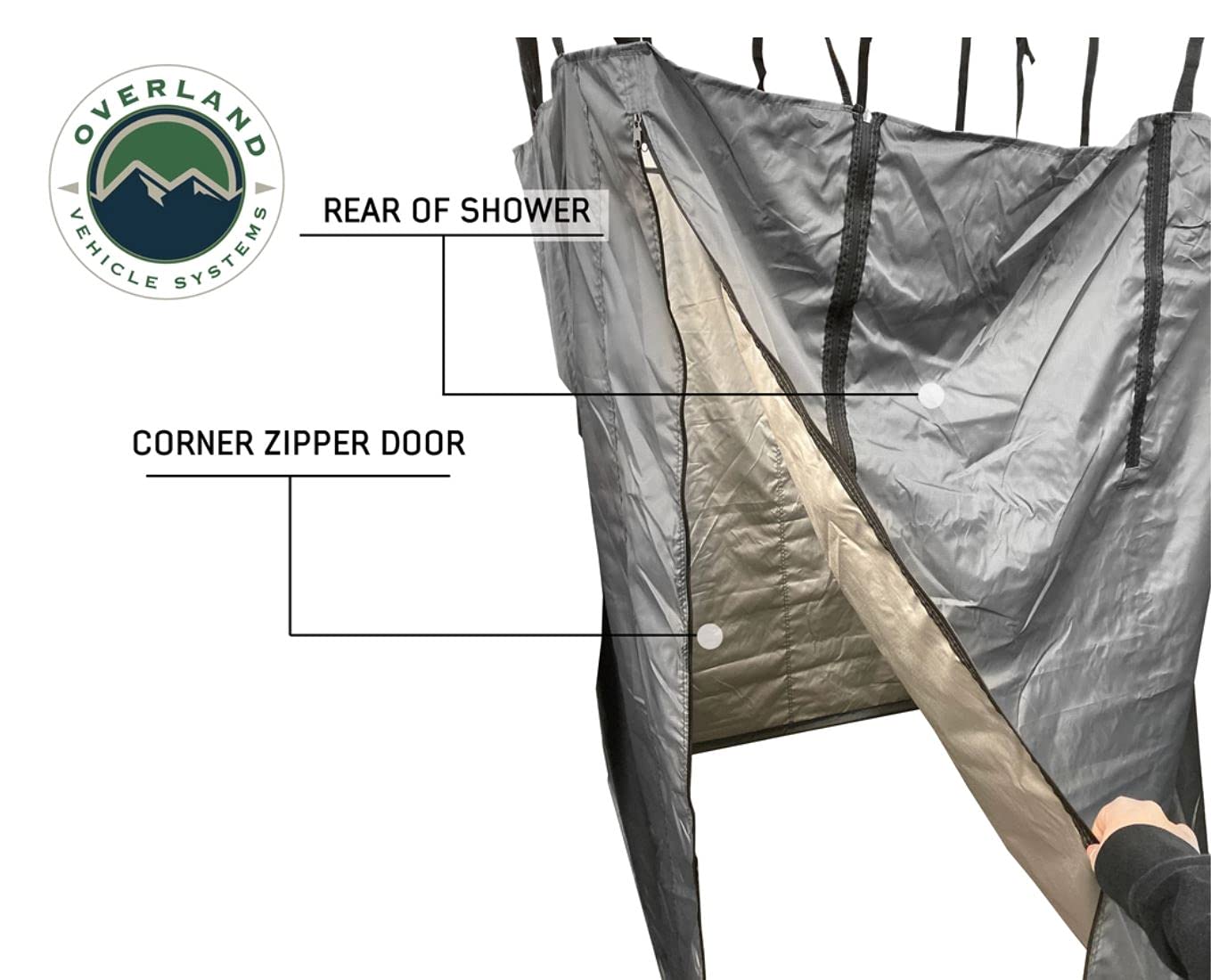 Overland Vehicle Systems HD Nomadic Car Side Shower Room with Black 1000G PVC Travel Cover, Universal L - Brackets, Dark Grey Body with Silver Inner Lining