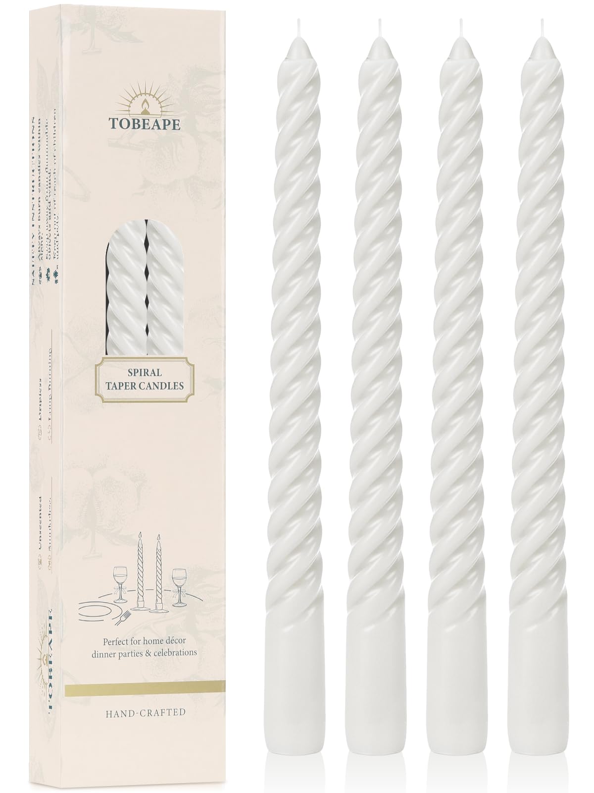 Tobeape White Spiral Taper Candles 10 Inch - 4 Pack Twisted Tapered Candle Sticks - Dripless Unscented Smokeless - Long Burning Decorative White Candlesticks for Dinner Wedding Party Table Home Decor