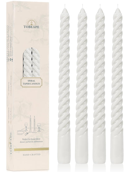 Tobeape White Spiral Taper Candles 10 Inch - 4 Pack Twisted Tapered Candle Sticks - Dripless Unscented Smokeless - Long Burning Decorative White Candlesticks for Dinner Wedding Party Table Home Decor