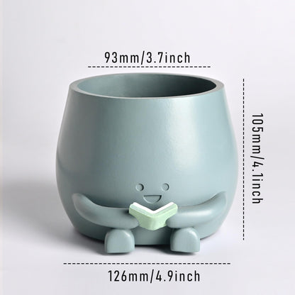 ZSHAWN Smiley Face Planter, Book Lover Plant Pot, Resin Bookworm Planter with Drainage Hole Plug, Cute Reading Succulent Pot Happy Face Indoor Desk Bookshelf Home Decor Blue