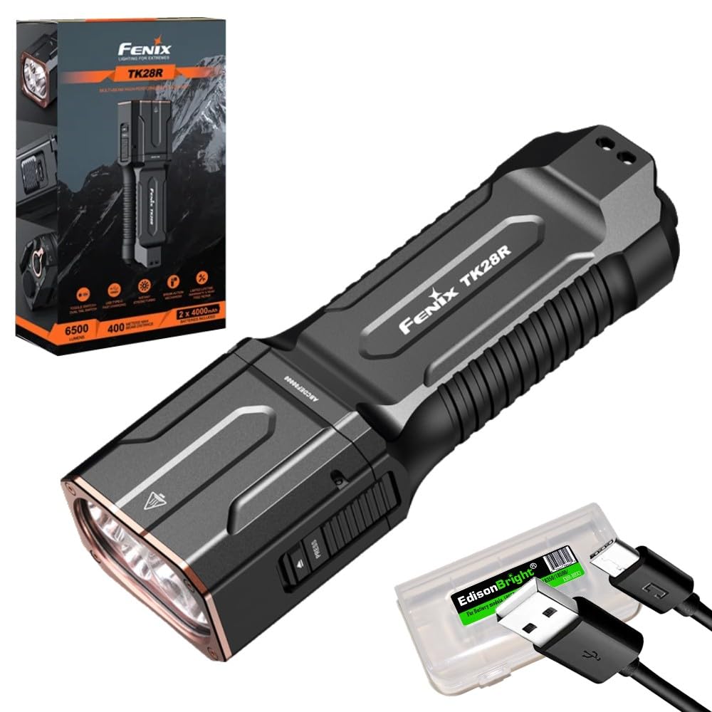 Fenix Flashlight, TK28R 6500 Lumen LED Rechargeable Tactical White/Red Light, Long Throw 437 Yards w/EdisonBright Acc case