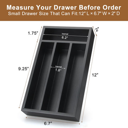 Small Silverware Organizer Narrow Wooden Cutlery Tray 12"x6.7" Spoon Kitchen Utensil Holder for Drawer Divider Bamboo Cutlery Drawer Organizers Storage Black Wood Silverware Tray Flatware Organizer