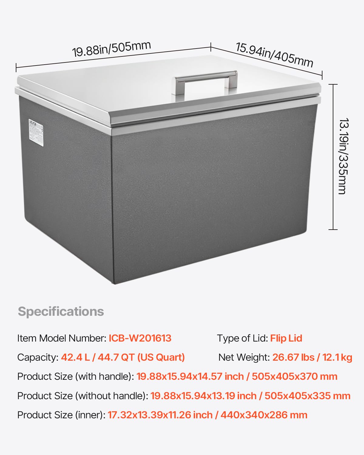 VEVOR Drop in Ice Chest, 20" L x 16" W x 13" H Stainless Steel Drop in Cooler, 44.7 Quart Commercial Ice Bin with Flip Lid for Outdoor Kitchen Patio Bar, Drain-Pipe Set Included, for Cold Wine Beer