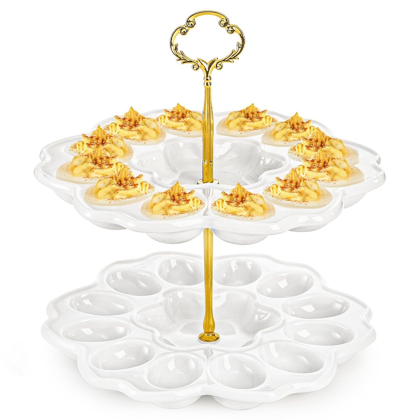 Peohud 2 Tier Deviled Egg Platter, 24 Holes Deviled Egg Tray Container, Detachable Ceramic Easter Egg Holder for Kitchen Countertop, Party, Microwave Dishwasher Freezer Safe