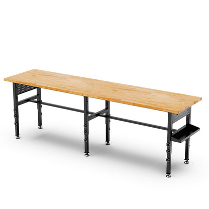 KEIKI 96 Inch Rolling Workbench with Wheels and Side Pegboard, Solid Wood Top Heavy Duty Steel Garage Work Table with Power Outlet and Storage Box, 2000 lbs Capacity, Adjustable Height, Black