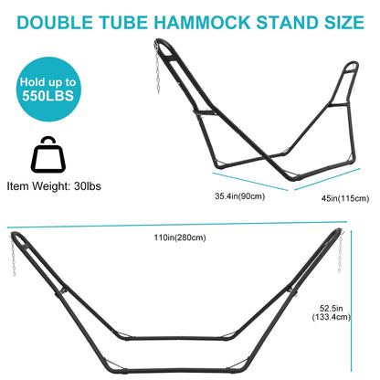 Universal 2 Person Hammock Stand, Heavy Duty Steel Hammock Stand 550 lbs Capacity, Fits 9 to 14 Foot Hammocks for Outdoor Indoor Adjustable Portable Hammock Stand with Chain, Hook, and Carrying Bag