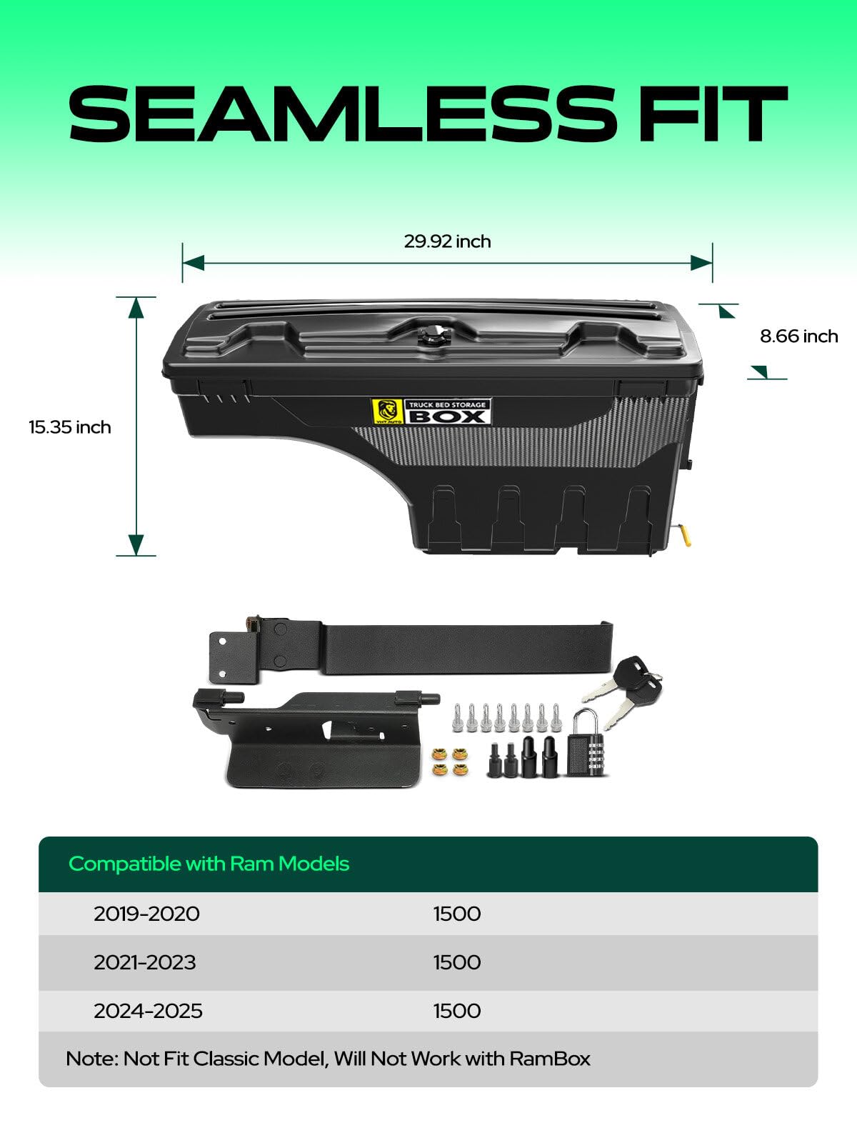 YHTAUTO Truck Bed Storage Tool Box Lockable Compatible with 2019-2025 Ram 1500 Pickup, Passenger Side, Will Not Work with RamBox & Classic Model, Swing Waterproof Wheel Well Toolbox