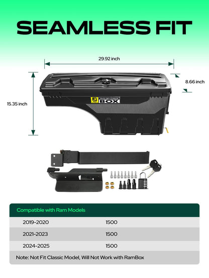 YHTAUTO Truck Bed Storage Tool Box Lockable Compatible with 2019-2025 Ram 1500 Pickup, Passenger Side, Will Not Work with RamBox & Classic Model, Swing Waterproof Wheel Well Toolbox