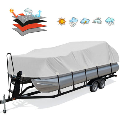 Solim Trailerable 1200D PU Heavy Duty Pontoon Boat Cover, 25-28ft Waterproof Marine Grade Oxford UV Resistant Polyester Canvas Cover, Boat Cover for Pontoon with Adjustable 20 Tie Down Straps, Gray