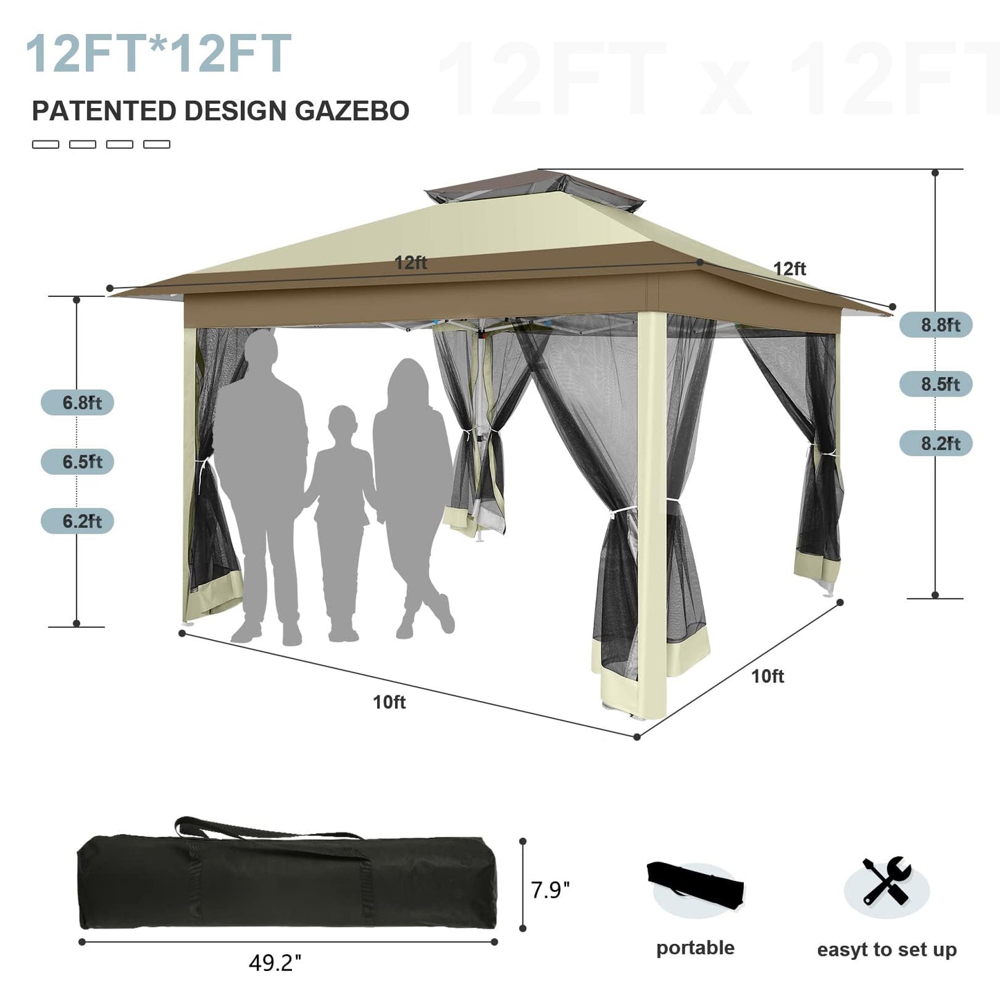 COBIZI 12x12 FT Pop up Gazebo on Clearance Canopy Tent, Carpas para Patio, Easy up Outdoor Canopy Tents with Portable Storage Bag for Backyard, Outdoor Waterproof Gazebos for Garden, Camping, Khaki