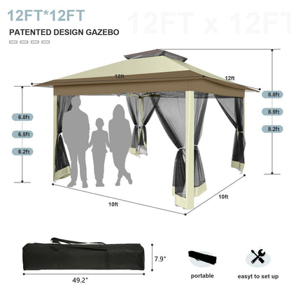 COBIZI 12x12 FT Pop up Gazebo on Clearance Canopy Tent, Carpas para Patio, Easy up Outdoor Canopy Tents with Portable Storage Bag for Backyard, Outdoor Waterproof Gazebos for Garden, Camping, Khaki