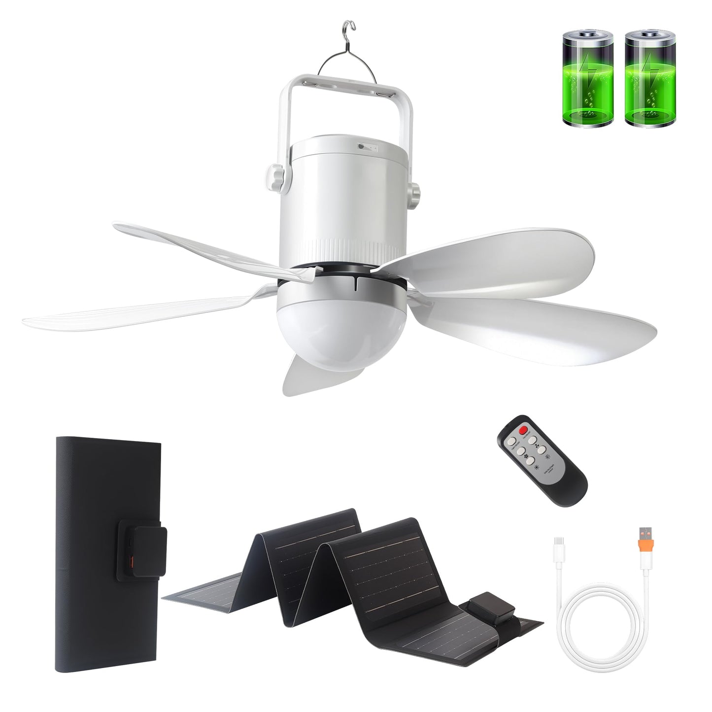 ASZEKOK Solar Ceiling Fan with Light, 21600mAh Rechargeable Battery, 23W Foldable Solar Panel, DC Brushless Quiet Fan, 3 Installation Ways, for Gazebo, Patio, Camping Tent, Garage, RV, Emergency Use