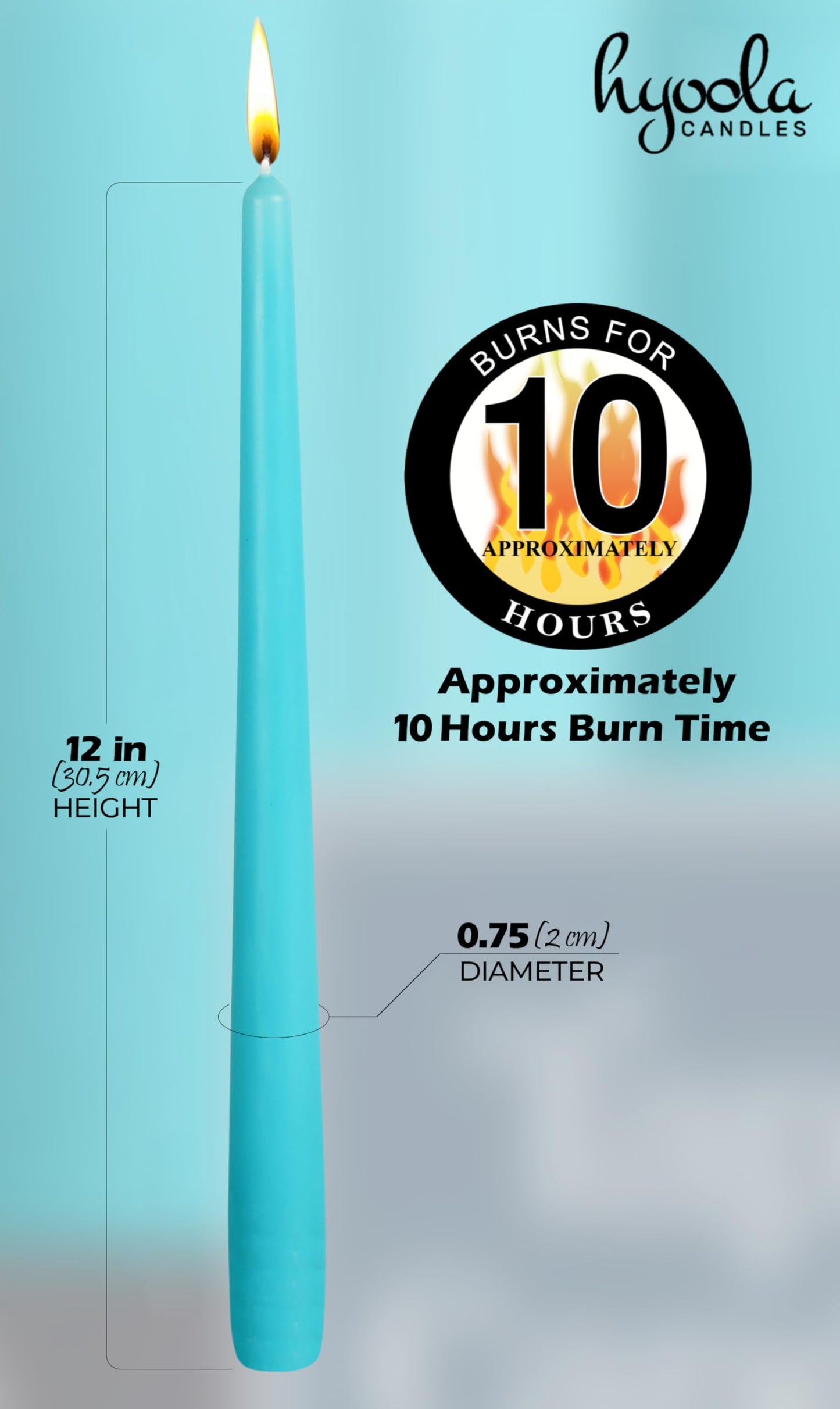 12 Pack Tall Taper Candles - 12 Inch Light Blue - Turquoise Dripless, Unscented Dinner Candle - Paraffin Wax with Cotton Wicks - 10 Hour Burn Time