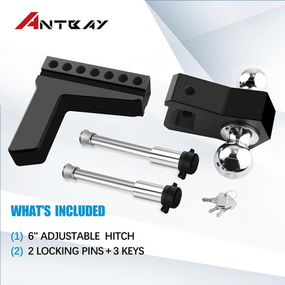 Adjustable Aluminum Trailer Hitch - Fits 2" Receiver, 6" Drop & Rise Dual Ball Mount (2" X 2-5/16") - 12,500 LBS GTW Towing Capacity with 2 Locking Pins for Trailers, Campers, Agricultural Machines