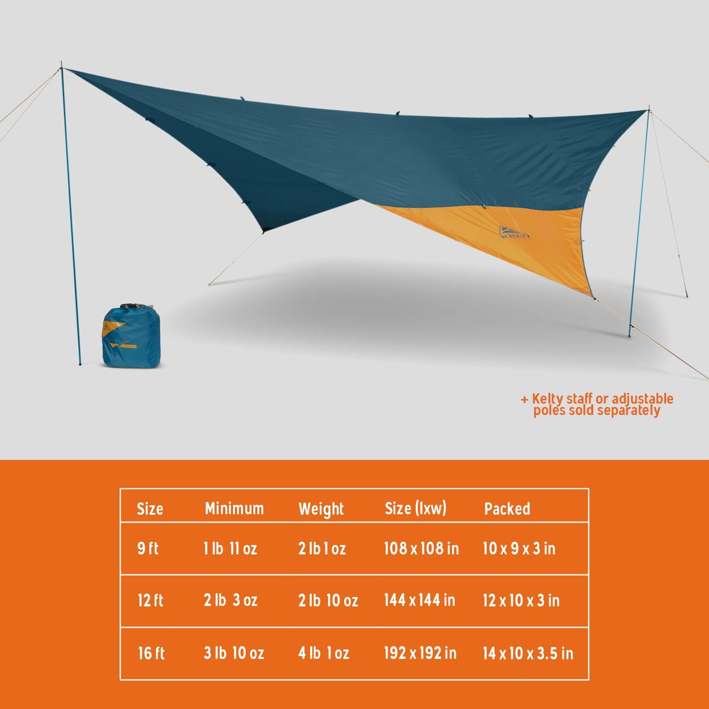 Kelty Noah’s Tarp Sun Shelter and Multi-Use Awning Rainfly, Portable Canopy UV Protection, Waterproof + Durable, 3 Sizes for Customized Pitch (16ft)