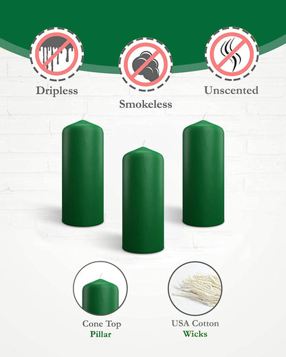 Cone Top Pillar Candles by Bask - Set of 6-3" x 6" Dripless Unscented Holiday Candles in Green for Home Decor, Relaxation & All Occasions