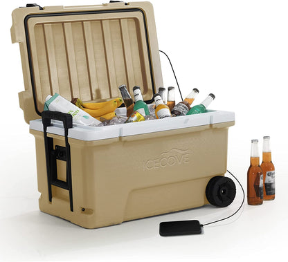 IceCove Norah 60-Quart Insulated Portable Rolling Ice Chest Solar Cooler with Wheels for Party, Camping and Outdoor Activities, Mojave Desert Tan