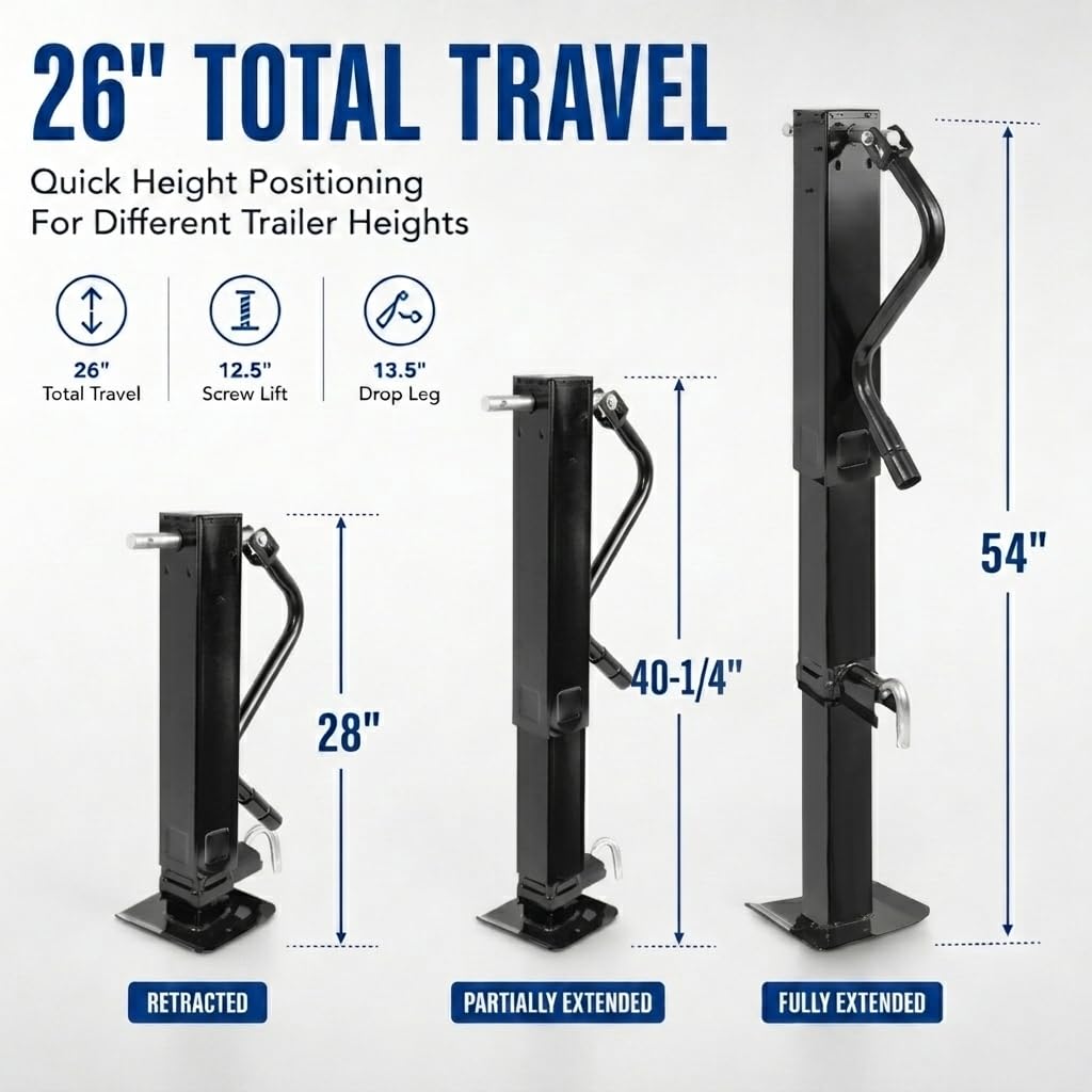 12000 LBS Weld-On Trailer Jack, 4" Square Tube, 26" Travel (12.5" Lift + 13.5" Drop Leg), Side Pull Pin Side Wind, Heavy Duty Jack Stand for Gooseneck Utility Trailers, Black Powder Coated