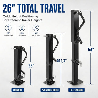 12000 LBS Weld-On Trailer Jack, 4" Square Tube, 26" Travel (12.5" Lift + 13.5" Drop Leg), Side Pull Pin Side Wind, Heavy Duty Jack Stand for Gooseneck Utility Trailers, Black Powder Coated