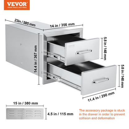 VEVOR Outdoor Kitchen Cabinets 14W x 14.3H x 23D Inch, BBQ Island Drawers Stainless Steel, Flush Mount Double with Handle, BBQ Island for Outdoor Kitchens or Grill Station