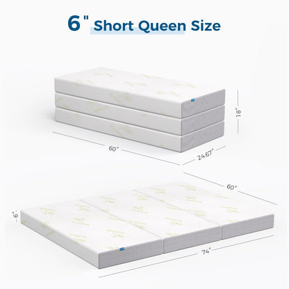 Inofia 6 Inch Folding Mattress, Trifold Memory Foam RV Mattress with Ultra Soft Removable Cover, Foldable & Portable for Camper/Truck/Trailer/Guest Bed, Short Queen Size (74" x 60" x 6")