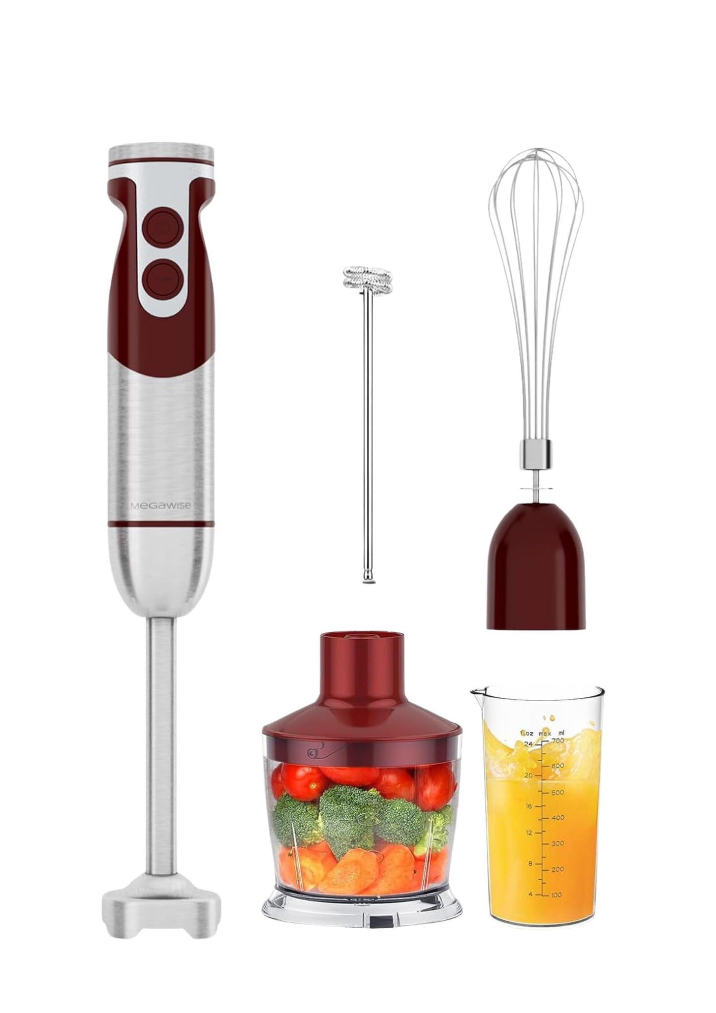 MegaWise Pro Titanium Reinforced 3-in-1 Immersion Corded Hand Blender, Powerful MOTOR with 80% Sharper Blades, 12-Speed Corded Blender, IncludingWhisk and Milk Frother (3-in 1 Red)