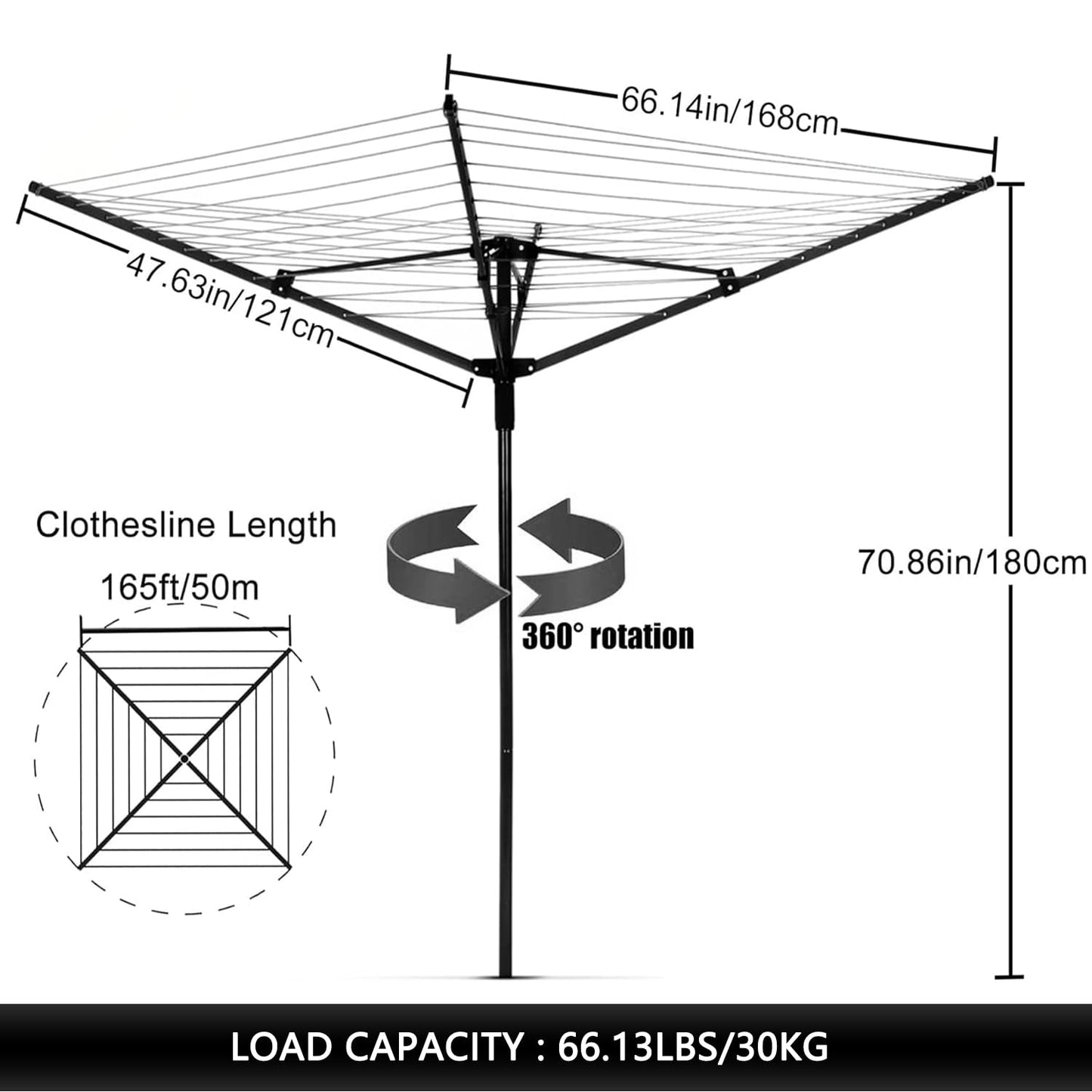 Outdoor Umbrella Clothesline, 165 Feet Heavy Duty Rotary Dryer with 12 Lines & 4 Arms, Adjustable Height Foldable Retractable Collapsible Metal Drying Rack for Backyard, Patio, Garden