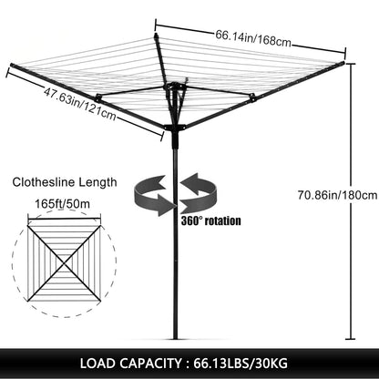 Outdoor Umbrella Clothesline, 165 Feet Heavy Duty Rotary Dryer with 12 Lines & 4 Arms, Adjustable Height Foldable Retractable Collapsible Metal Drying Rack for Backyard, Patio, Garden