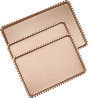 JOHO BAKING 3-Pack Nonstick Carbon Steel Baking Sheet Set | Heavy Duty 0.8mm Cookie Sheets - Large 17.8"x12" & 2 Medium 15.7"x10.8" Commercial Gold Pans for Oven, Roasting & Toaster