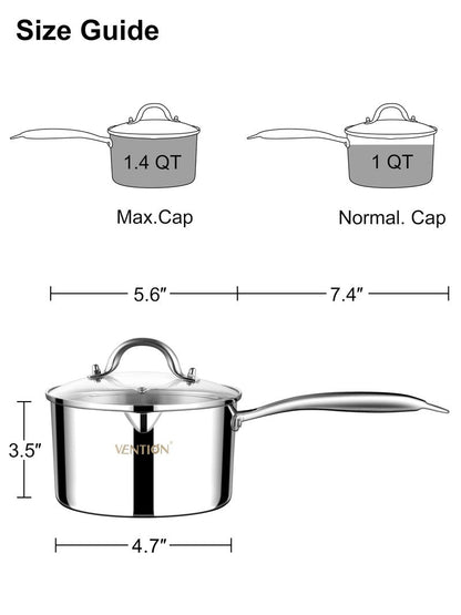 VENTION Tri-Ply Stainless Steel 1 Quart Saucepan with Lid, Bright Small Sauce Pan with Pour Spout, Small Pots for Cooking