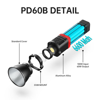GVM PD60B Studio Lights with Bowen Mount Adapter, COB Photography Lighting with Fast Charger, Portable Video Light for Photographers Flashlight, Spotlight for APP Control, 2700-6800K, 49300LUX/0.5M
