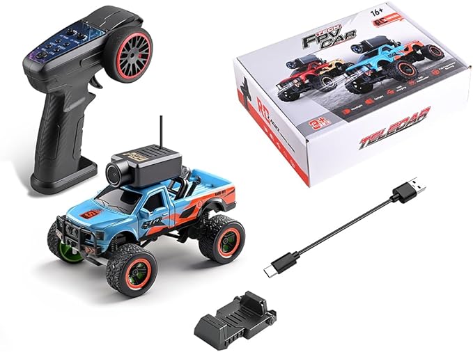 RC Truck with HD Camera WL 1/64 Scale FPV Mini APP Auto-Pairing Full-Proportional Remote Control Car Gyro Stabilized Micro RC Car for Adult Youth (RTR/Blue)