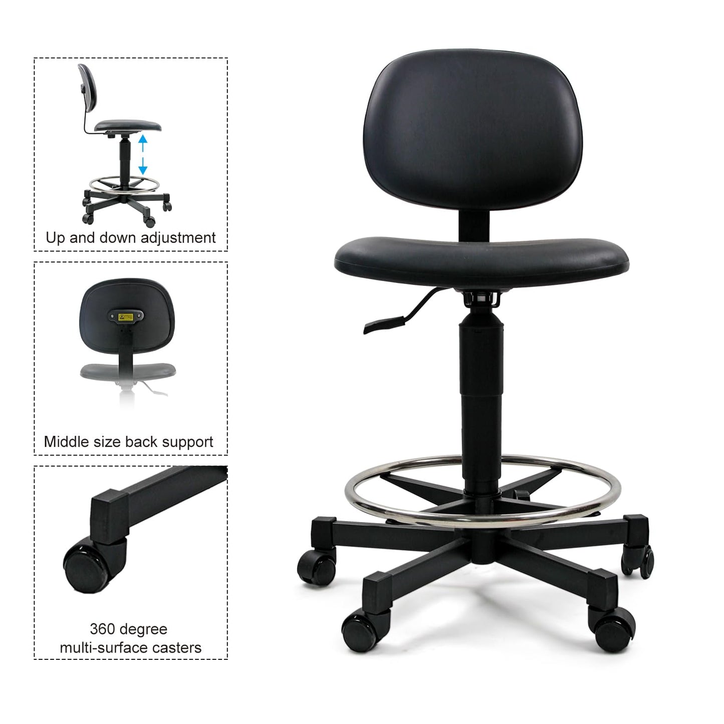SigmaForce Ergonomic PU Leather Drafting Chair, 21"-31" Adjustable Height, 18" Footring, Padded Sponge Seat, 300 lb Capacity, Comfortable Back Support Task Stool for Lab, Workshop and Home Office