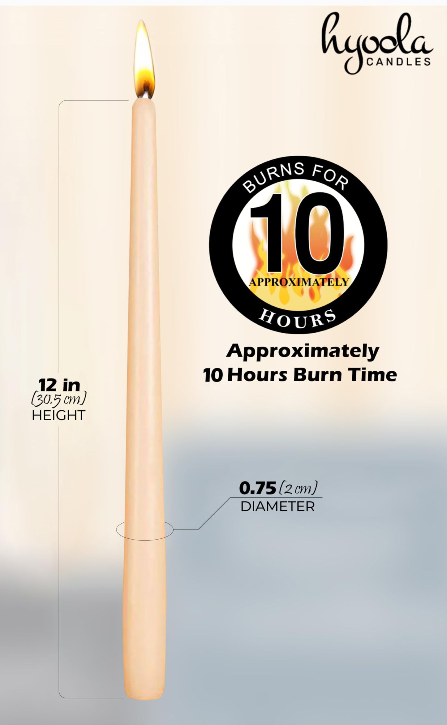 Hyoola Tall Taper Candles - 12 Inch Cream Dripless, Unscented Dinner Candle - Paraffin Wax with Cotton Wicks - 10 Hour Burn Time (Pack of 12)