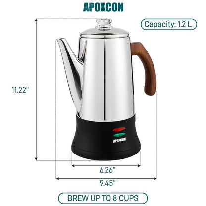 APOXCON Electric Coffee Percolator Stainless Steel Coffee Maker with Two Heat Resistant Glass Knob & Treated Solid Wood Handle Keep Warm Cordless Serve Elegant Design Coffee Pot On/OFF Switch 8 Cup
