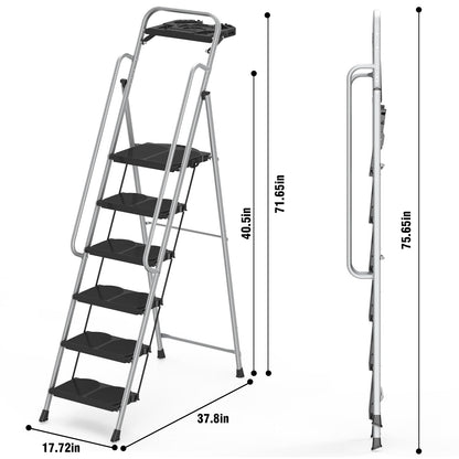 6 Step Foldable Step Ladder Stool with Roomy Tool Tray and Secure Handrail, Foldable Platform Ladder 6 Step Folding Stepstools with Wide Pedals and 800lbs Weight Capacity for Adults, Home, Kitchen