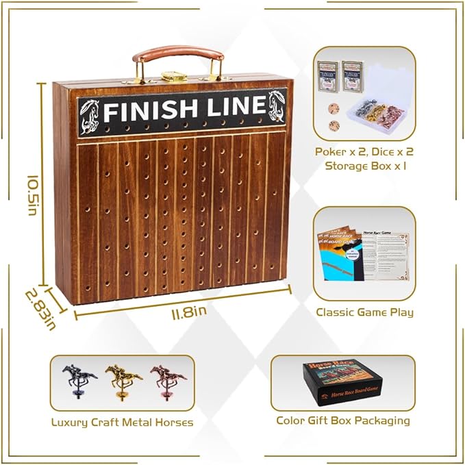 Horse Race Board Game Solid Wood Foldable Racing Board with 11 Metal Horses 2 Dice and 2 Boxes of Cards Portable Travel Game for Family Parties and Holiday Gatherings