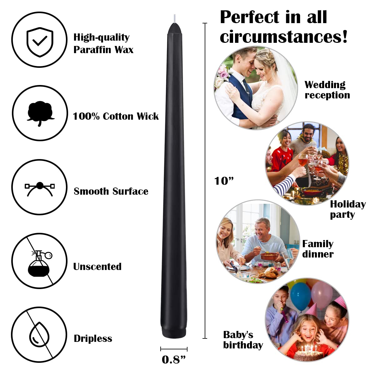 Set of 12 Black Taper Candles, 10 Inch Unscented Dripless Candlesticks - 8 Hours Long Burning for Home Decor, Halloween, Wedding, Parties and Special Occasions