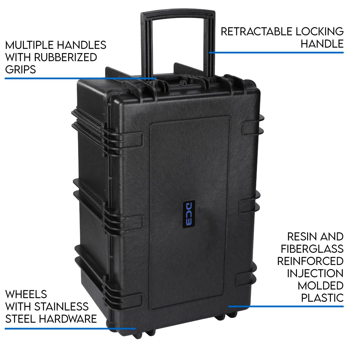 DCB Cases - Element 8505F | 34 x 22 x 17 Ext Dim | Waterproof | Pluck Foam Insert | Telescoping Handle | Rubberized Grips | Resin-Reinforced Injection Molded Plastic | 7 Latch Lid Close | Wheels